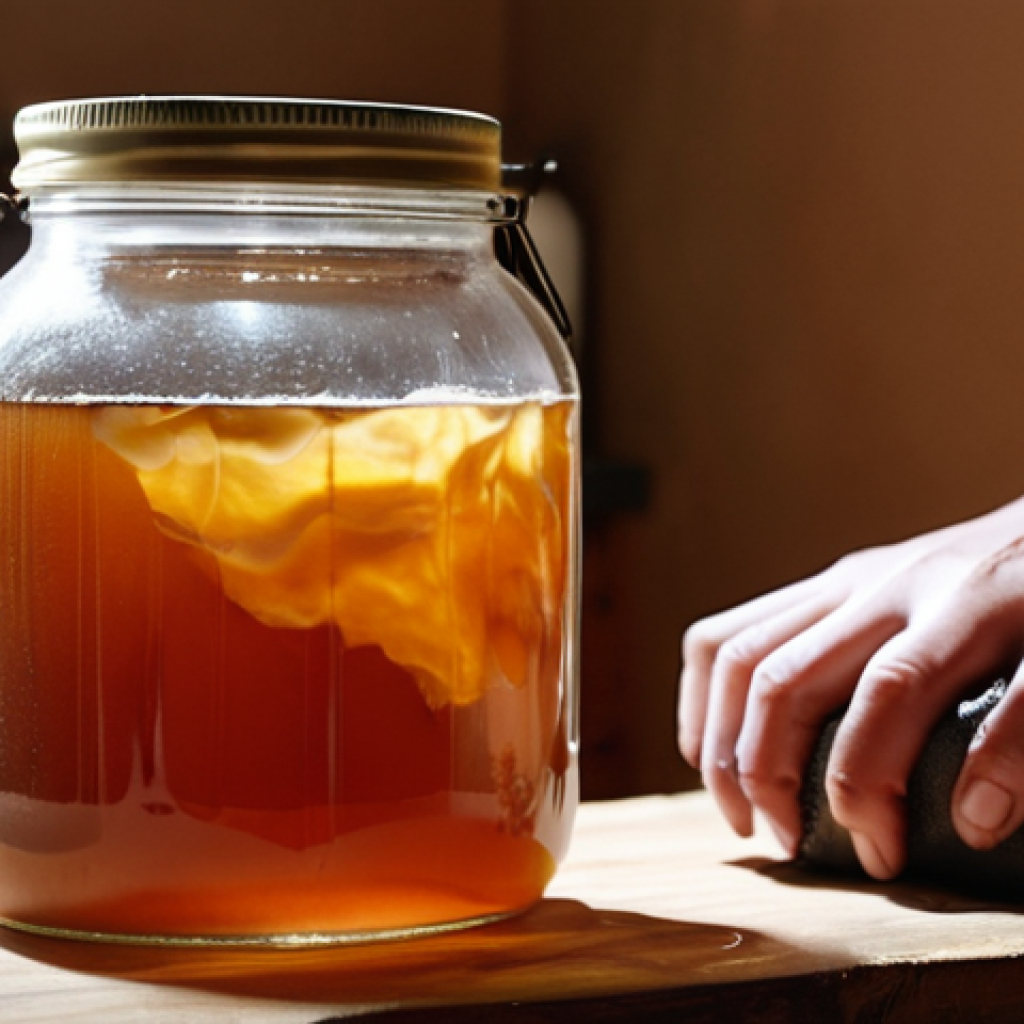 **

A close-up shot of Kombucha leather being cultivated in a home setting. Show the fermentation process with a SCOBY floating in a glass jar filled with tea. The lighting is warm and natural, highlighting the texture of the forming Kombucha leather. Emphasize the DIY aspect and the patience required for the process. Include subtle details like a thermometer or pH strips to indicate the controlled environment.

**