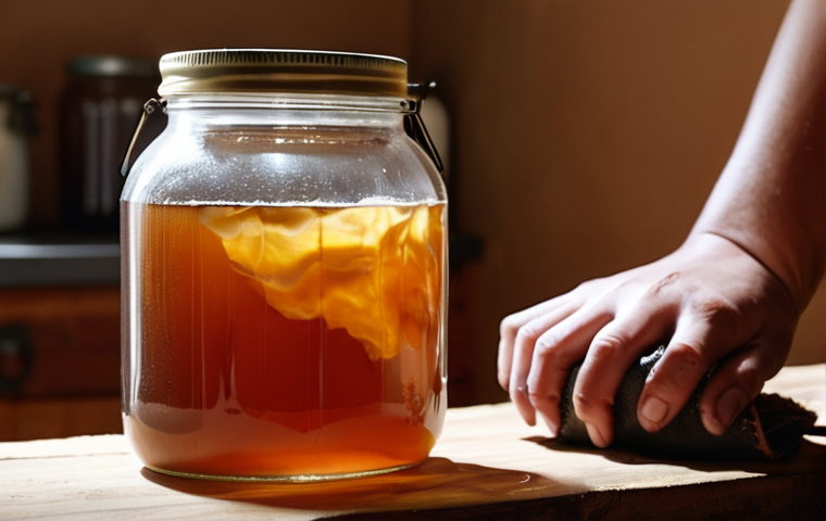 **
A close-up shot of Kombucha leather being cultivated in a home setting. Show the fermentation process with a SCOBY floating in a glass jar filled with tea. The lighting is warm and natural, highlighting the texture of the forming Kombucha leather. Emphasize the DIY aspect and the patience required for the process. Include subtle details like a thermometer or pH strips to indicate the controlled environment.
**