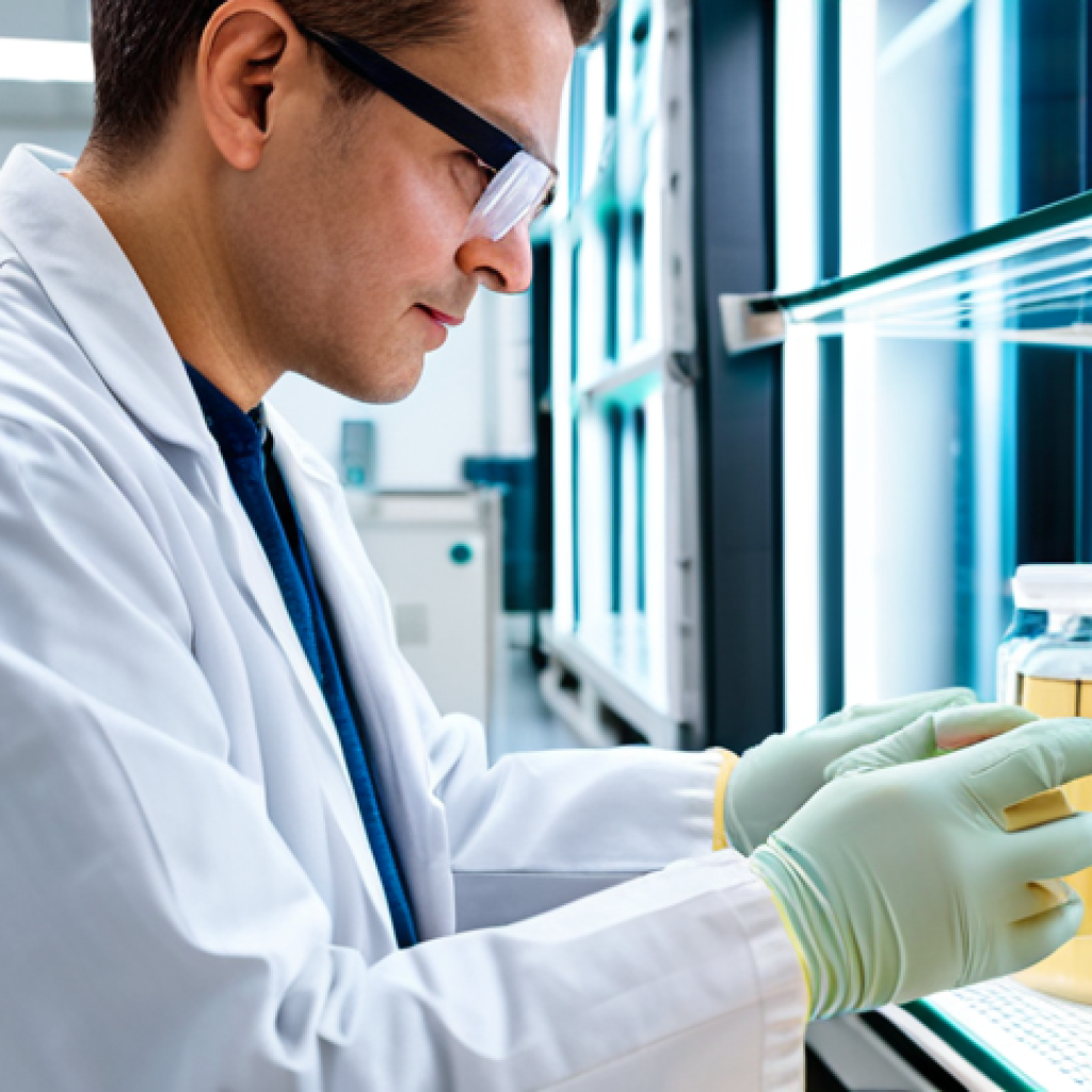 A professional researcher, fully clothed in a clean lab coat and safety glasses, meticulously observing large, transparent cultivation tanks where thick, translucent layers of Kombucha leather are growing. The environment is a modern, brightly lit biotechnology laboratory with sterile equipment and organized shelves, highlighting the scientific precision and natural growth process of the material. A close-up view of the researcher's well-formed hands gently touching a sample of the raw, newly harvested cellulose material. safe for work, appropriate content, fully clothed, professional, perfect anatomy, correct proportions, natural pose, well-formed hands, proper finger count, natural body proportions, high-quality, professional photography.