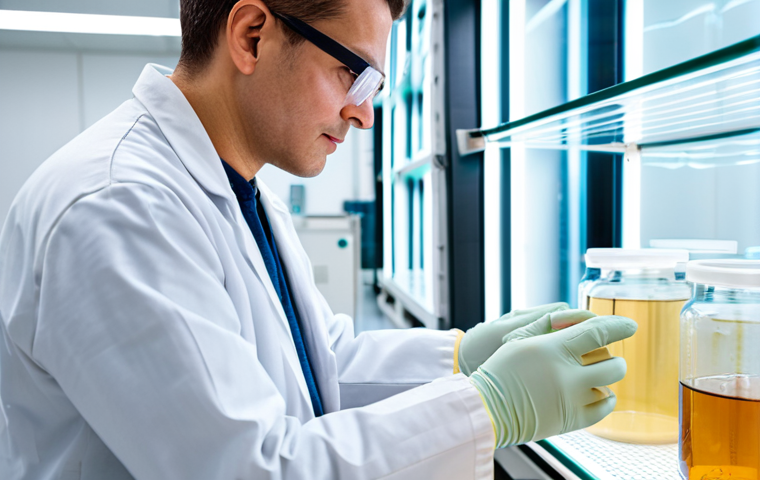 A professional researcher, fully clothed in a clean lab coat and safety glasses, meticulously observing large, transparent cultivation tanks where thick, translucent layers of Kombucha leather are growing. The environment is a modern, brightly lit biotechnology laboratory with sterile equipment and organized shelves, highlighting the scientific precision and natural growth process of the material. A close-up view of the researcher's well-formed hands gently touching a sample of the raw, newly harvested cellulose material. safe for work, appropriate content, fully clothed, professional, perfect anatomy, correct proportions, natural pose, well-formed hands, proper finger count, natural body proportions, high-quality, professional photography.