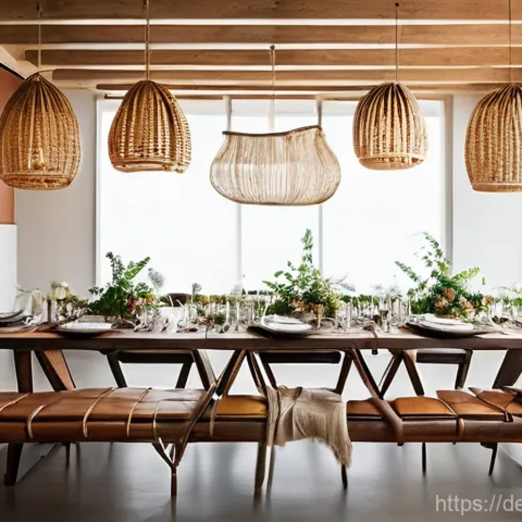 콤부차 가죽을 활용한 이벤트 기획 아이디어 - A sophisticated and eco-friendly event setting with beautifully arranged tables featuring unique, na...