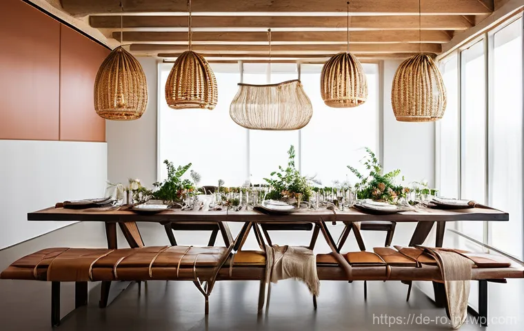 콤부차 가죽을 활용한 이벤트 기획 아이디어 - A sophisticated and eco-friendly event setting with beautifully arranged tables featuring unique, na...