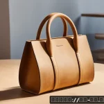 Home 14 콤부차 가죽의 지속 가능성 인증 프로그램 - A close-up shot of a sustainable kombucha leather handbag displayed on a minimalist wooden table in ...