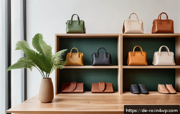 콤부차 가죽의 다양한 응용 분야 - A modern fashion studio showcasing a collection of innovative kombucha leather accessories, includin...
